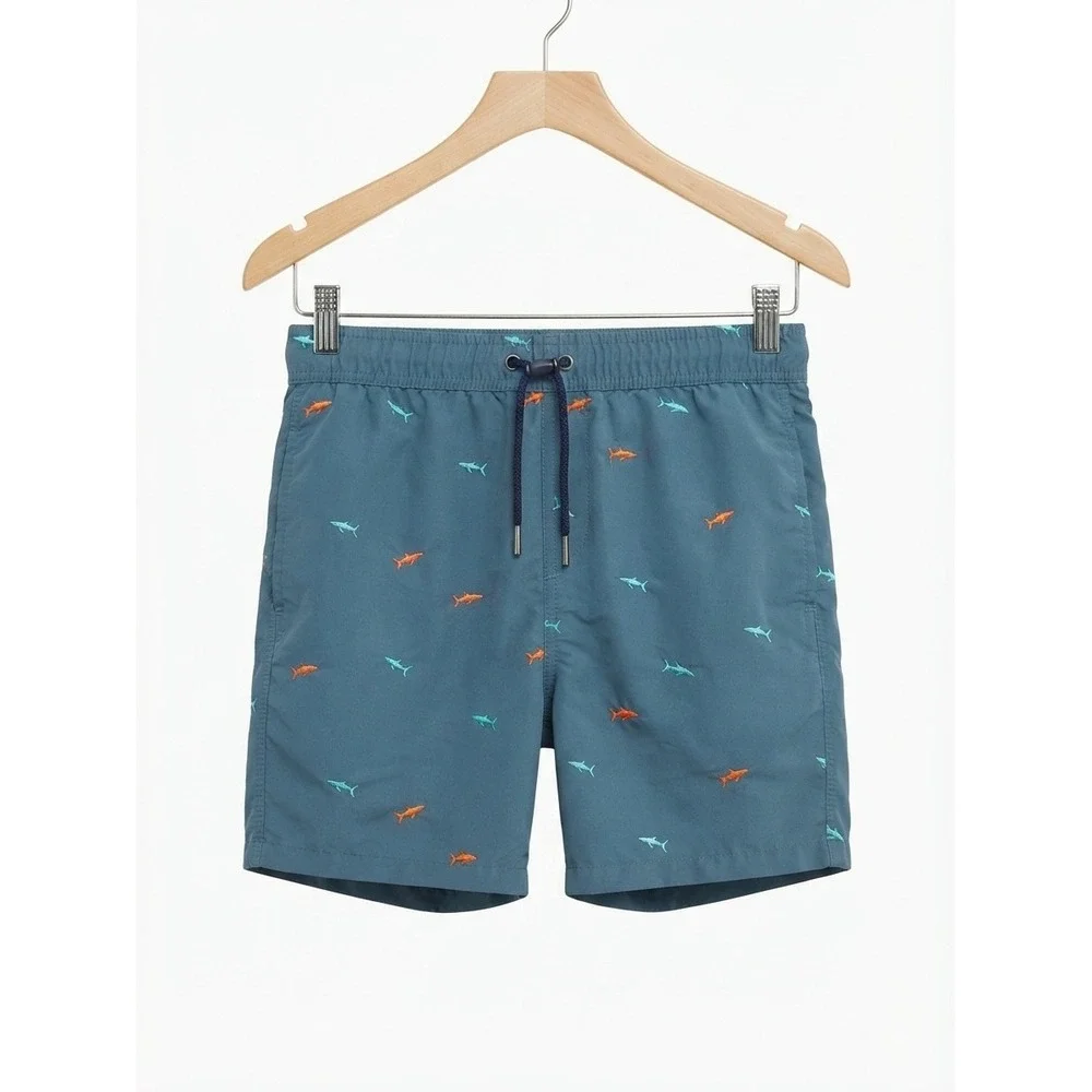 Ocean Pacific OP Vintage Mens Shark Embroidered Swim Trunks Teal Blue Size Small